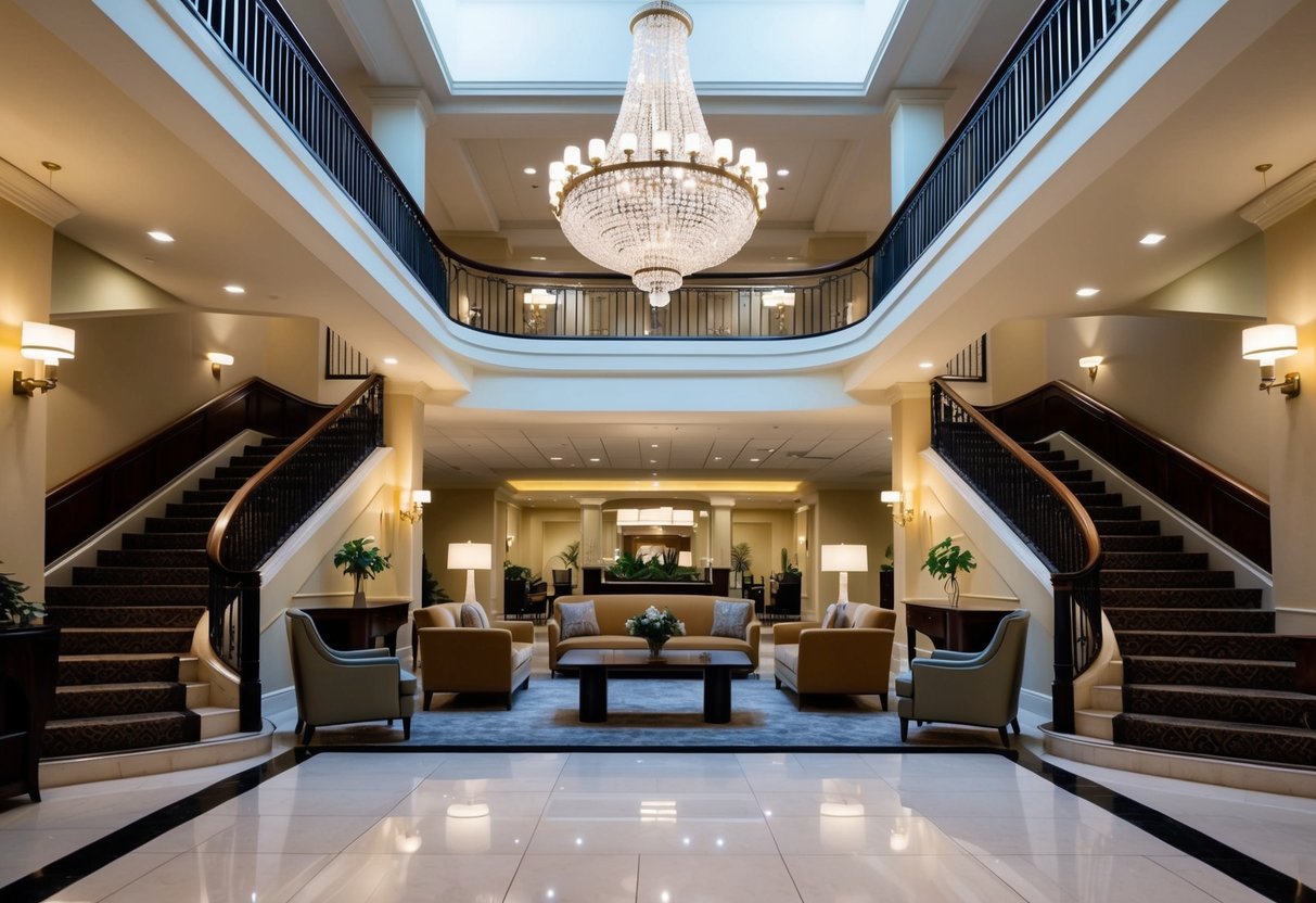 A luxurious hotel lobby with elegant furniture, soft lighting, and a grand staircase leading to a mezzanine level