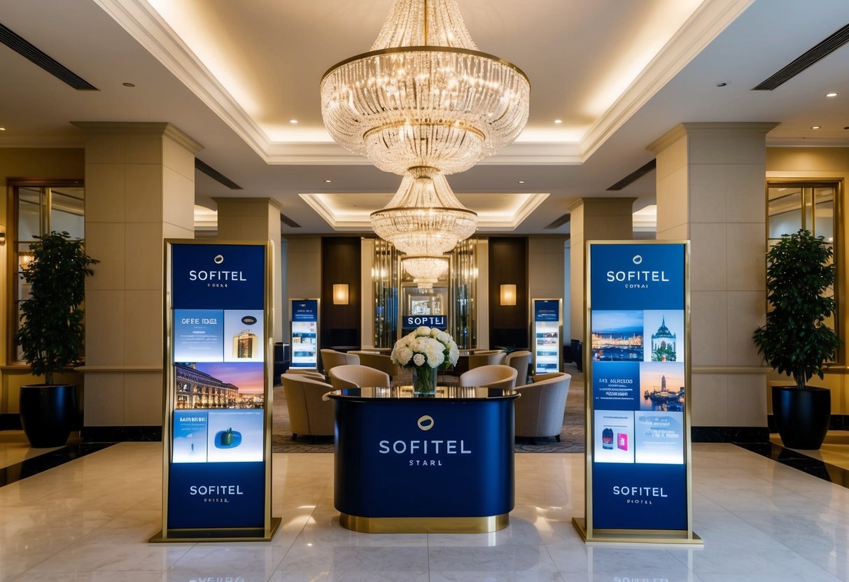 A luxurious hotel lobby with a grand chandelier, elegant furniture, and a display of Sofitel promotional materials