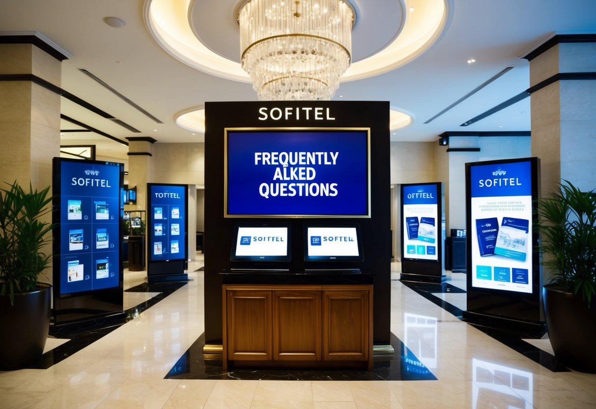 A bustling hotel lobby with a prominent "Frequently Asked Questions" display and elegant Sofitel promotions showcased on digital screens and brochures