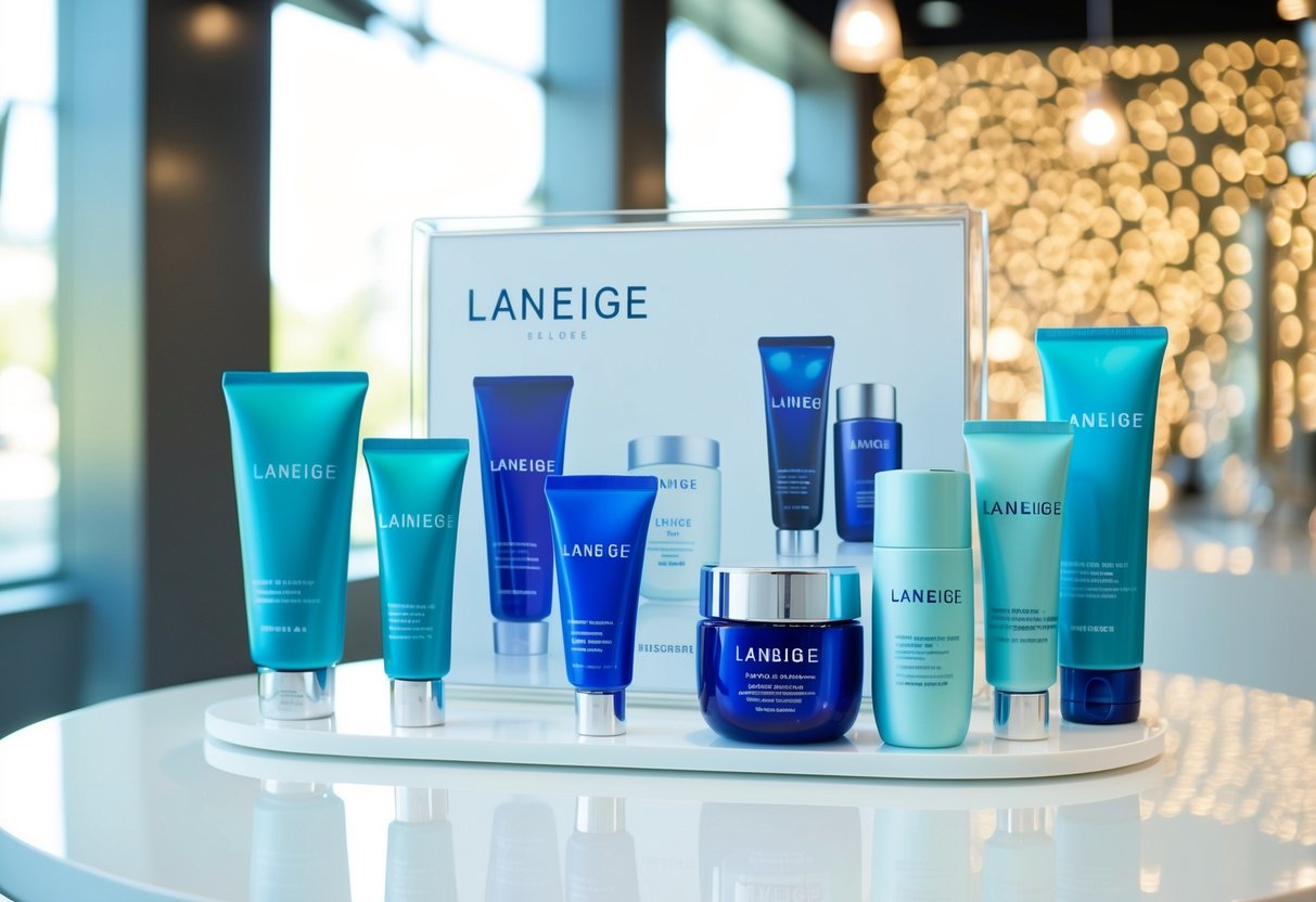 A display of Laneige products with promotional signage and branding in a bright, modern setting