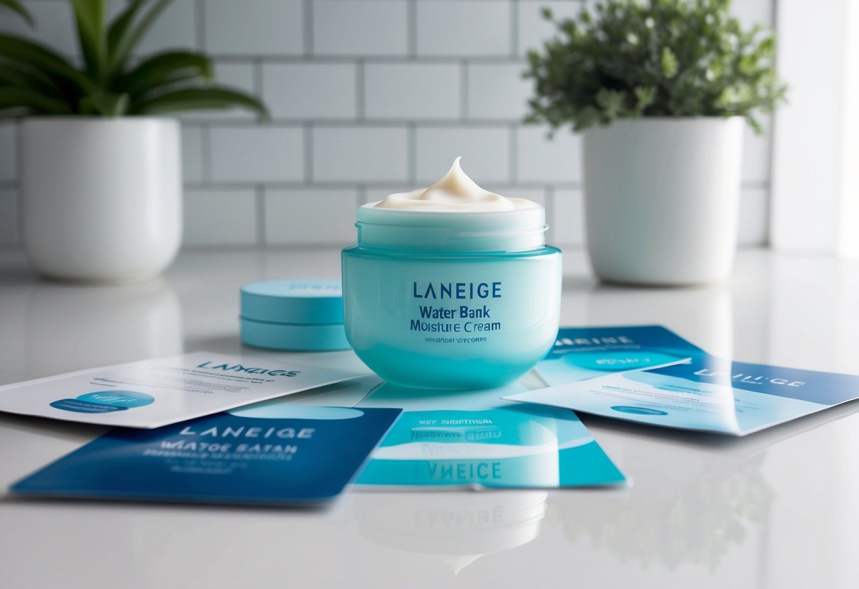 A jar of Laneige Water Bank Moisture Cream surrounded by promotional materials and displayed on a clean, minimalist countertop