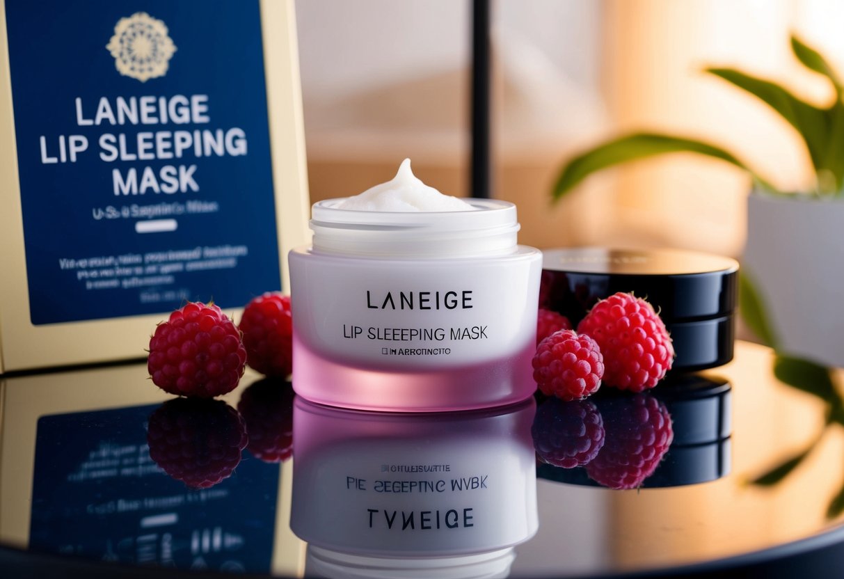 A jar of Laneige Lip Sleeping Mask sits on a bedside table, surrounded by ripe berries and a promotional sign
