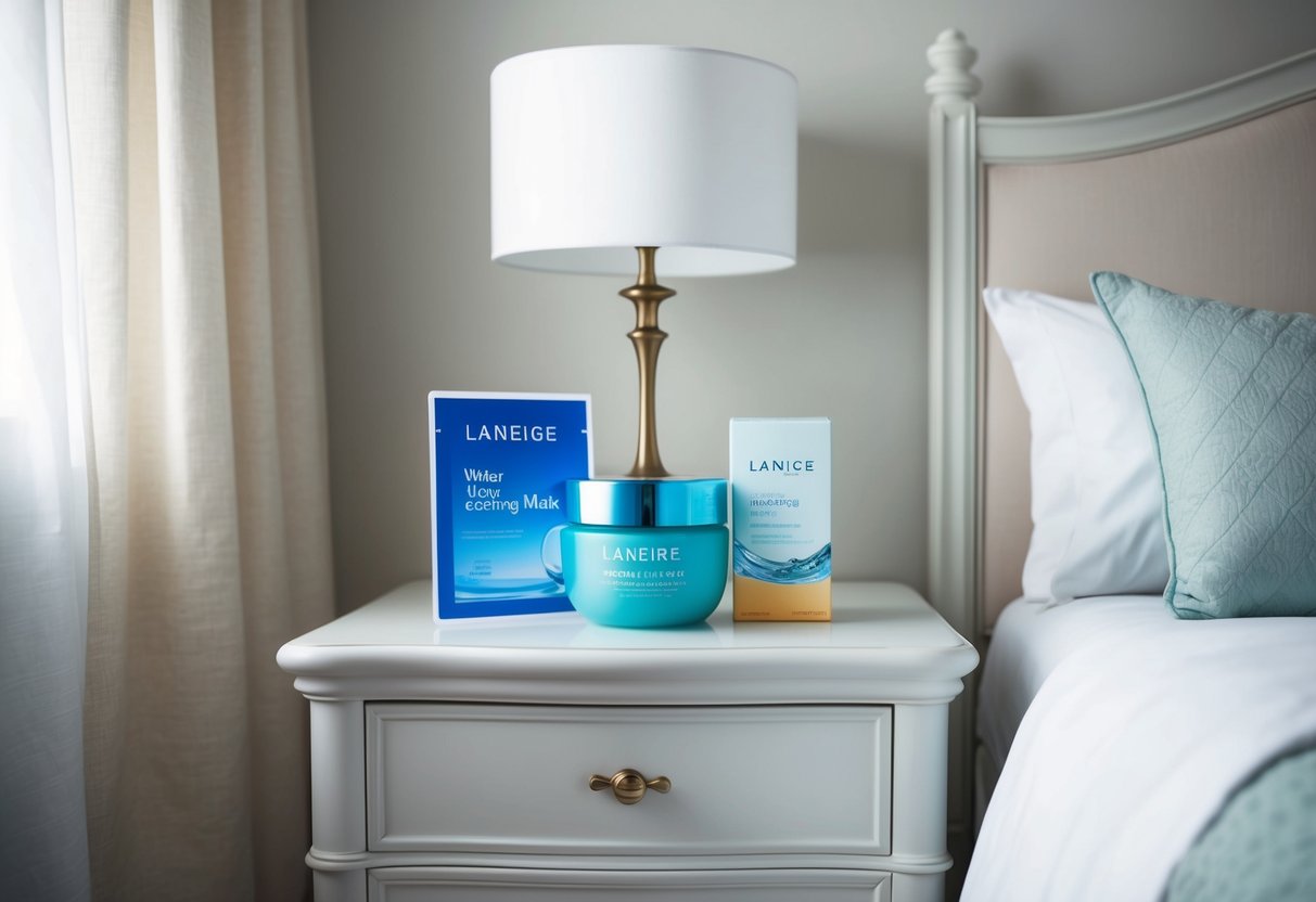 A serene bedroom nightstand with Laneige Water Sleeping Mask and promotional materials