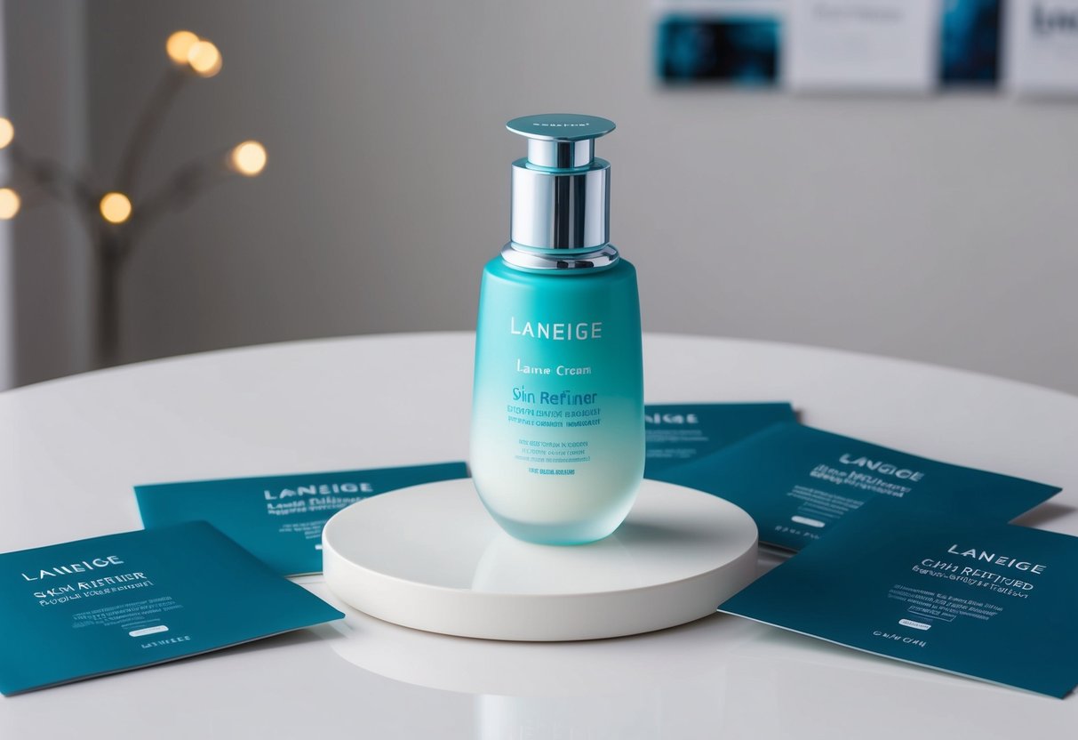 A bottle of Laneige Cream Skin Refiner surrounded by promotional materials and displayed on a clean, minimalist surface