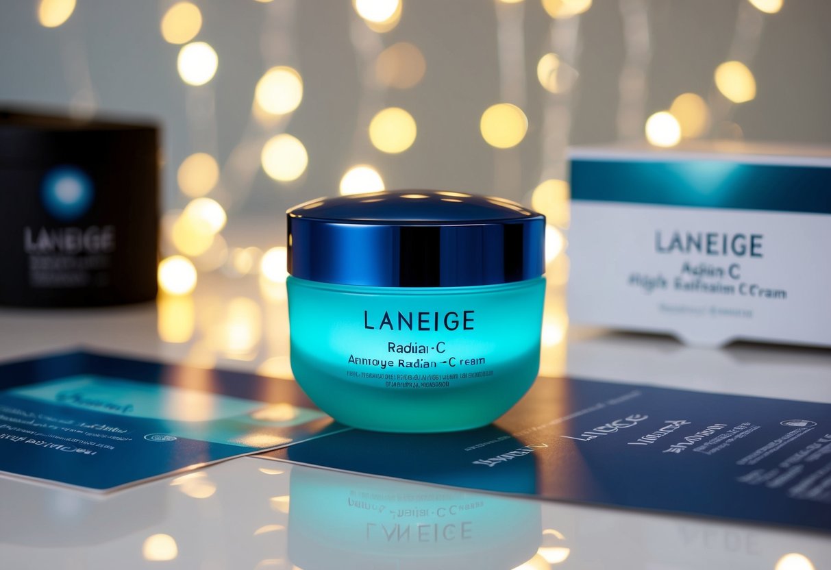 A glowing jar of Laneige Radian-C Cream surrounded by promotional materials