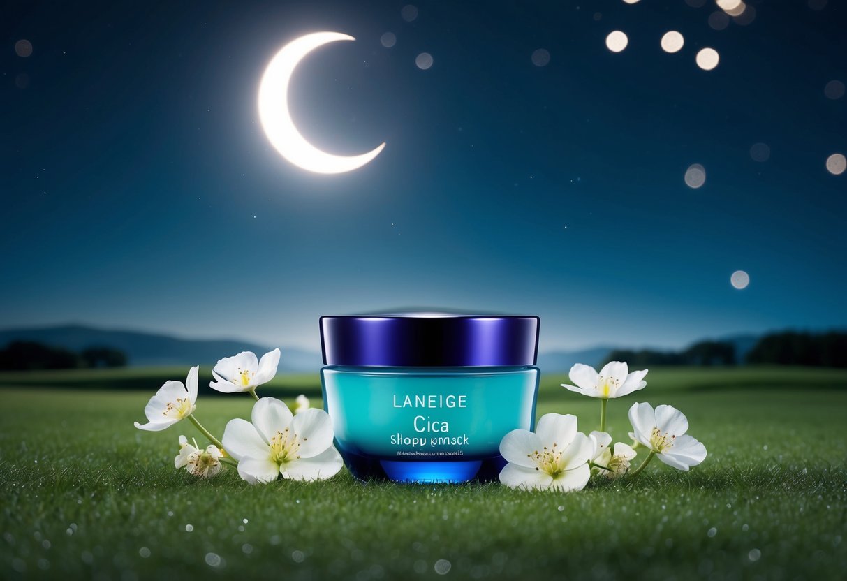 A serene night sky with a crescent moon casting a soft glow over a tranquil landscape, featuring a jar of Laneige Cica Sleeping Mask surrounded by delicate flowers