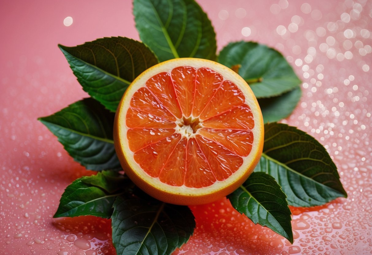 A vibrant grapefruit sits on a dewy pink background, surrounded by fresh green leaves and a subtle glow