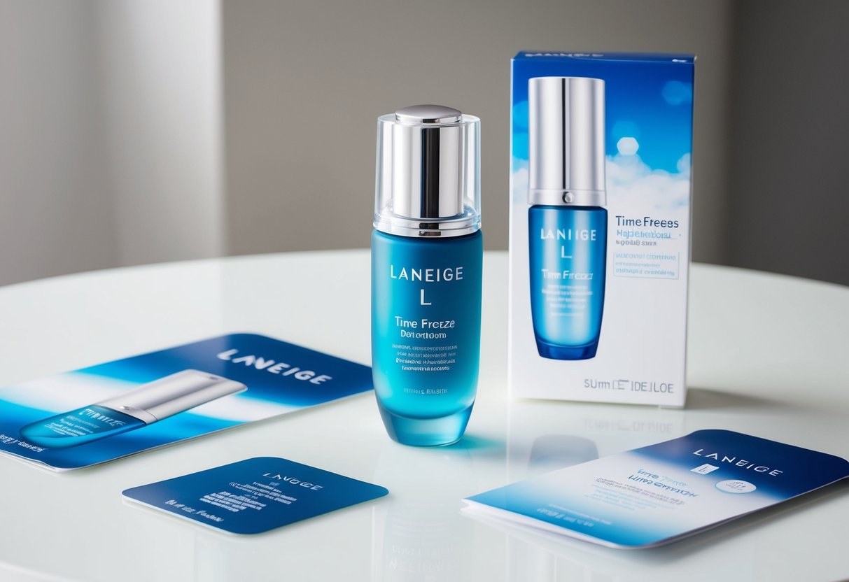 A bottle of Laneige Time Freeze Firming Serum surrounded by promotional materials and displayed on a clean, minimalist surface