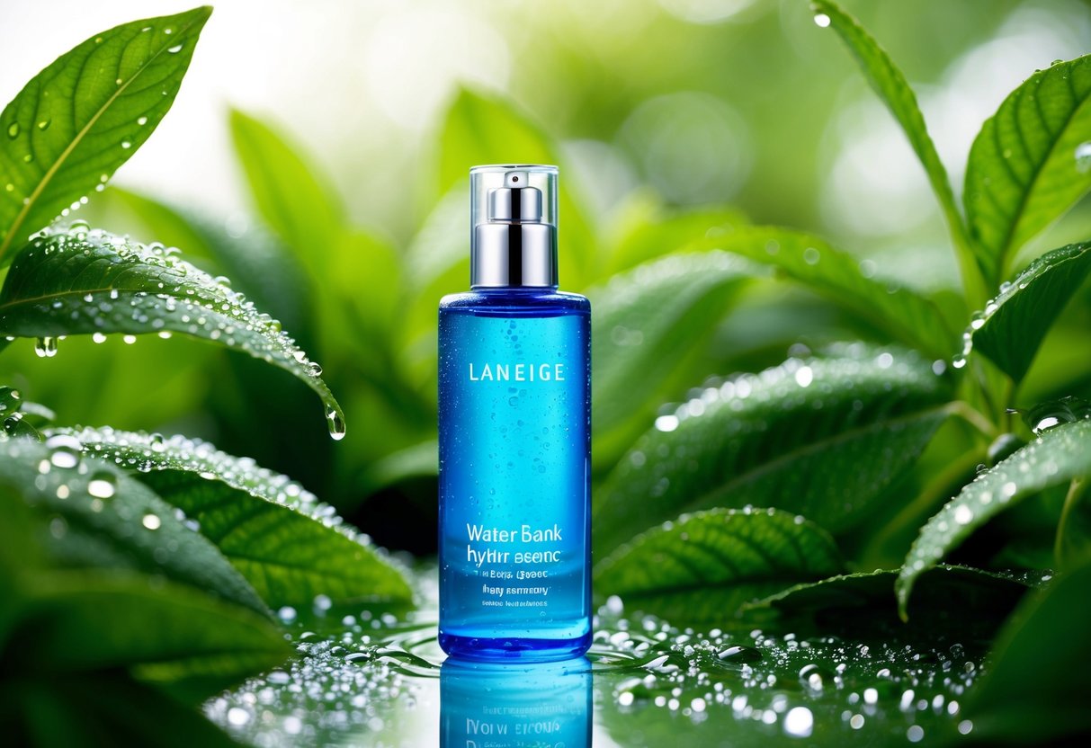 A sparkling blue bottle of Laneige Water Bank Hydro Essence surrounded by fresh, dewy droplets and lush green leaves