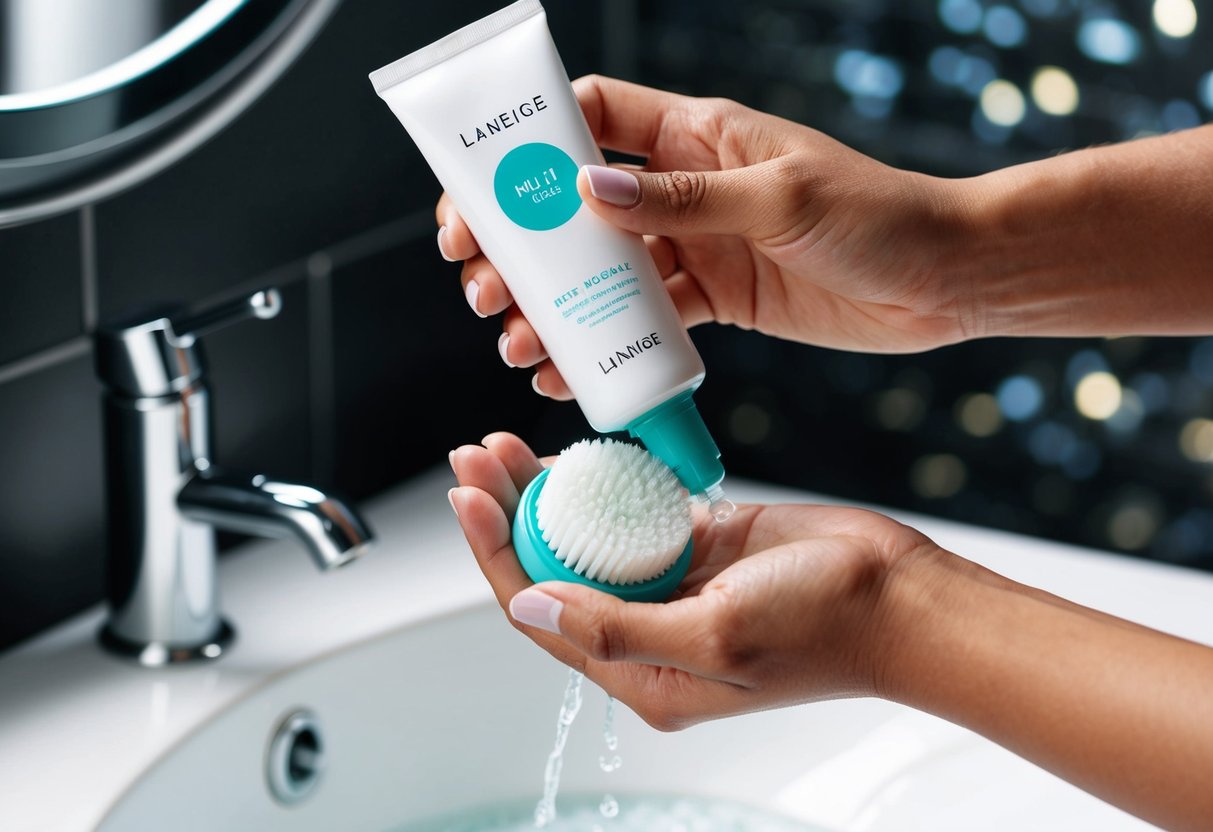 A woman's hand squeezing Laneige Multi Deep Clean Cleanser onto a wet facial cleansing brush