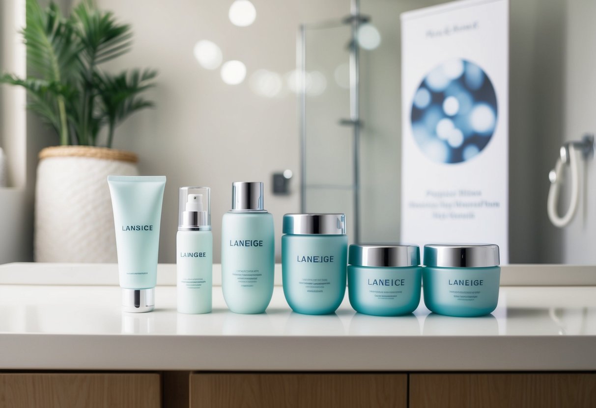 A serene, minimalist bathroom counter with Laneige skincare products neatly arranged and a promotional banner in the background