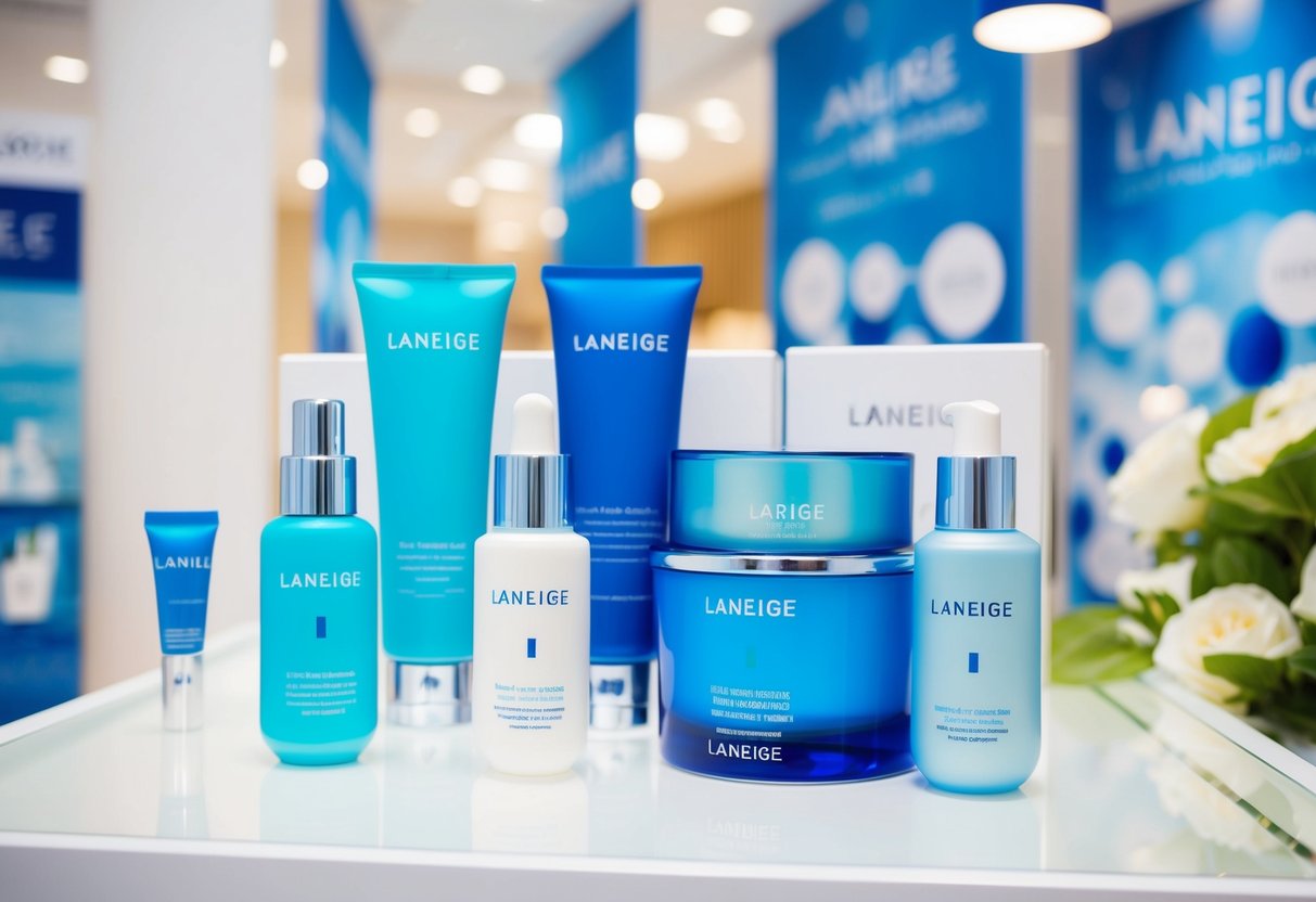 A refreshing blue and white display featuring Laneige products with eye-catching promotional signs and banners