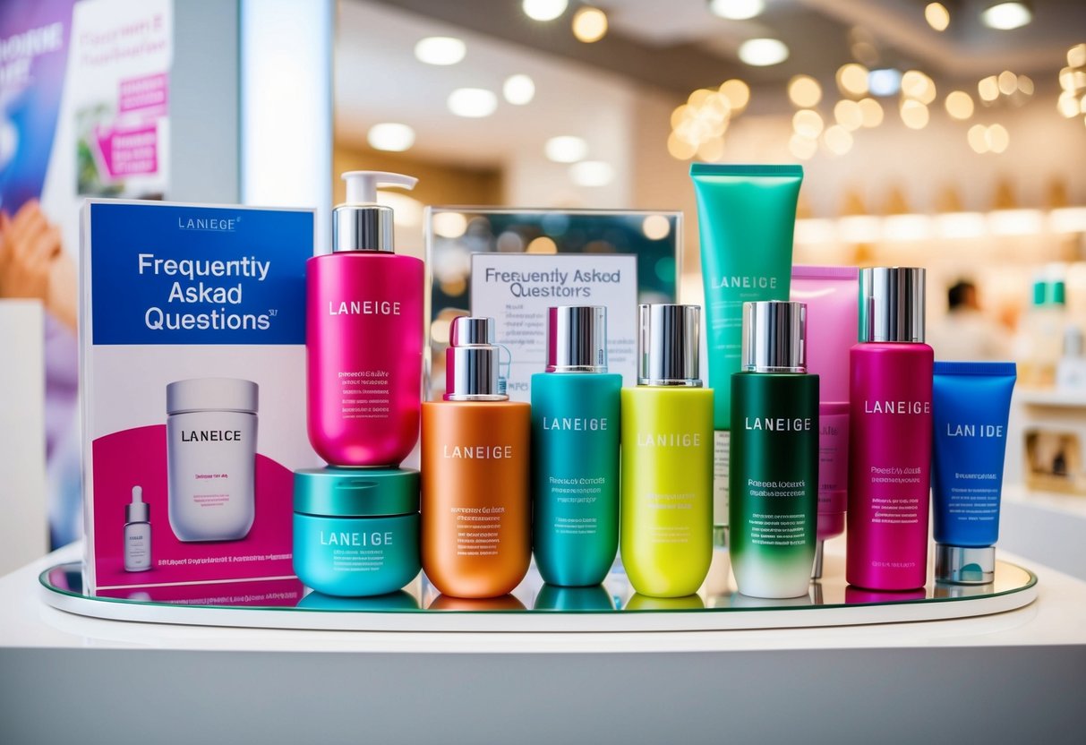 A colorful display of Laneige products with a "Frequently Asked Questions" sign and promotional materials