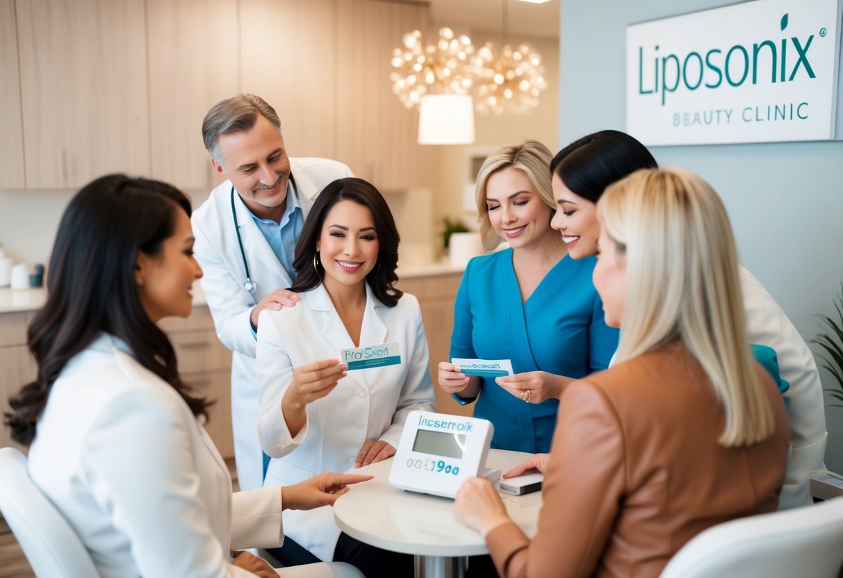 A group of people receiving information about liposonix promotions at a beauty clinic