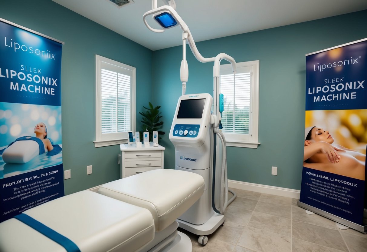 A serene spa room with a sleek liposonix machine, surrounded by promotional banners and brochures