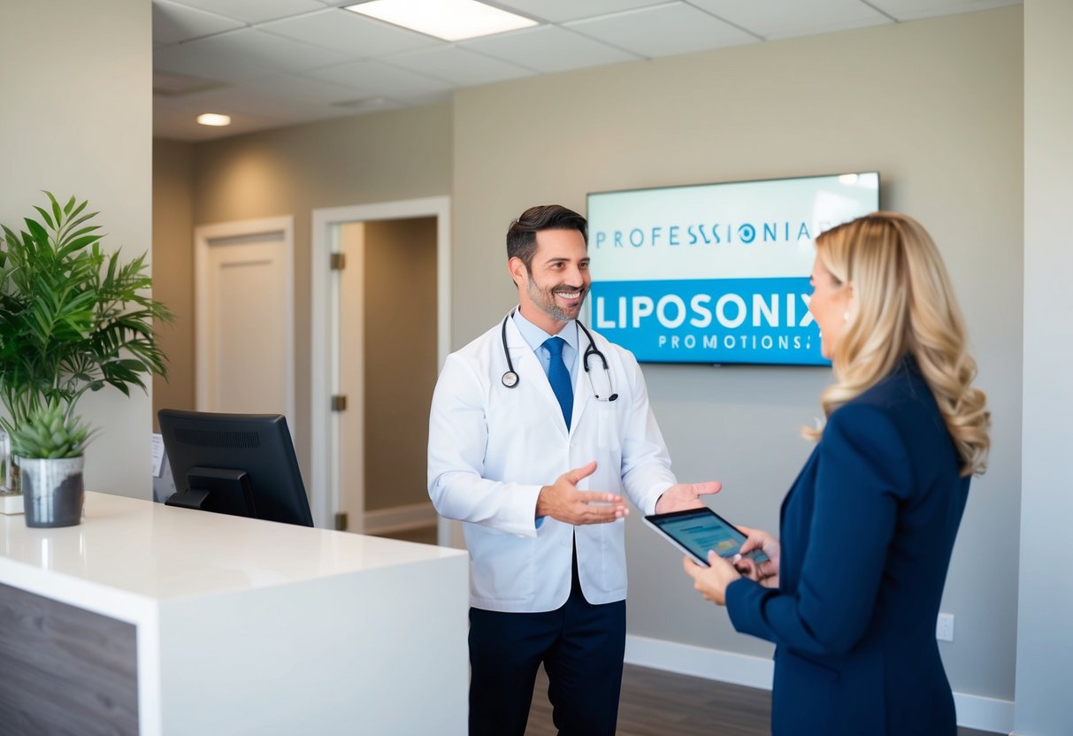 A cheerful, professional setting with a welcoming reception area and a consultant discussing liposonix promotions with a potential client