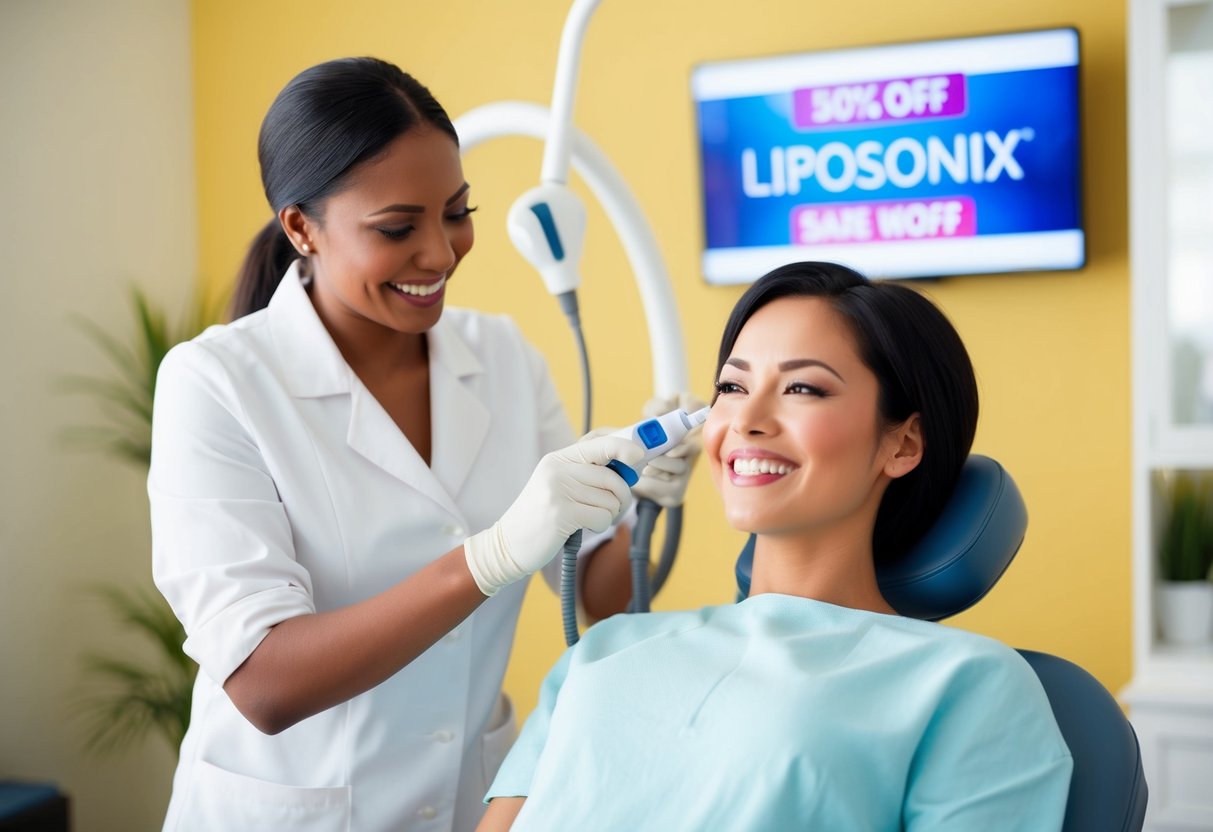 A cheerful, confident person receiving a liposonix treatment with a promotional discount displayed in the background