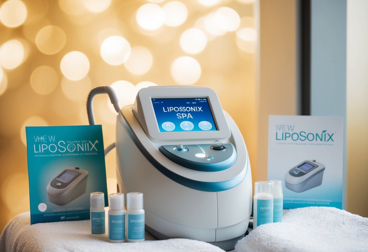 A serene spa setting with a Liposonix machine surrounded by promotional materials and a relaxing atmosphere
