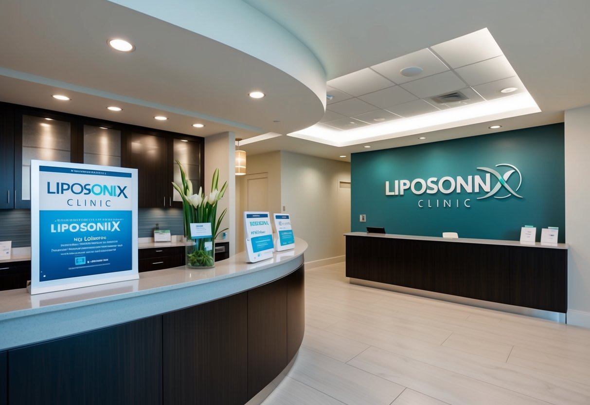 A sleek, modern clinic lobby with a prominent Liposonix logo and promotional materials displayed on a counter