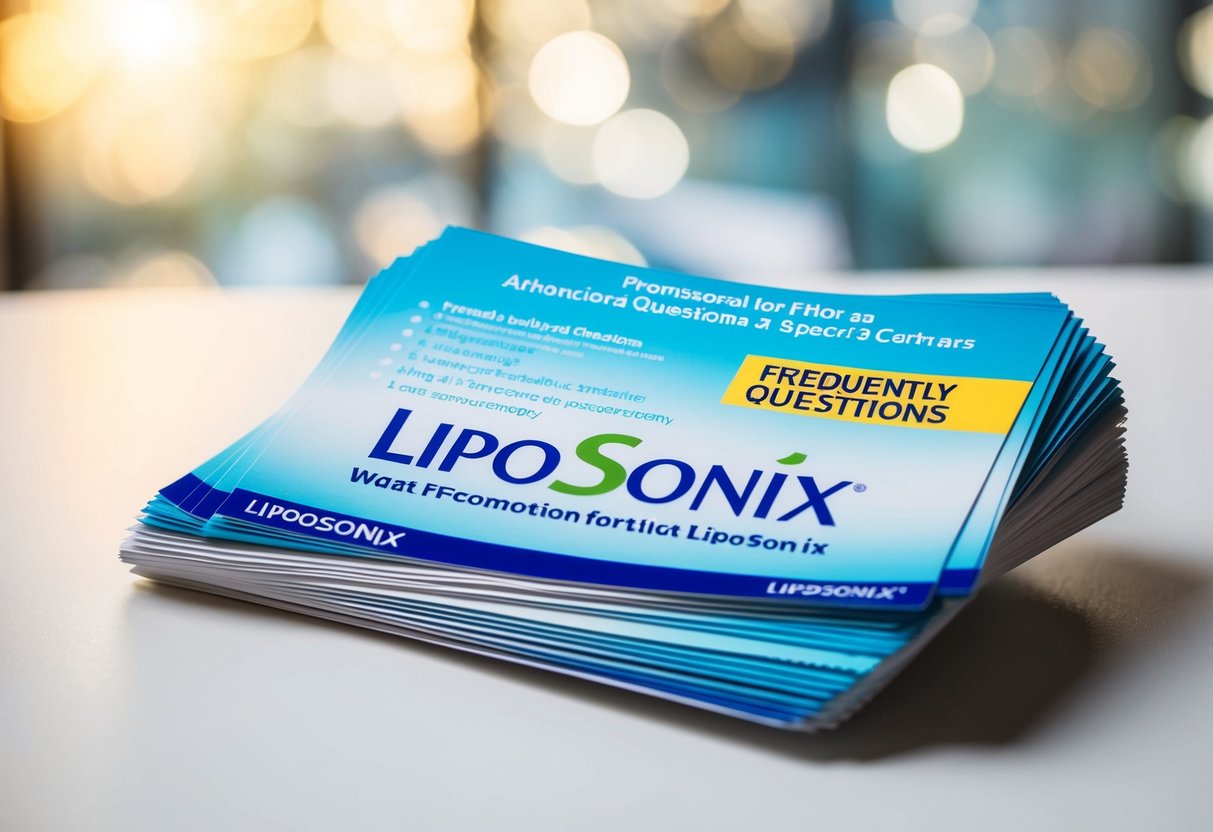A stack of promotional flyers for liposonix with a "Frequently Asked Questions" section highlighted