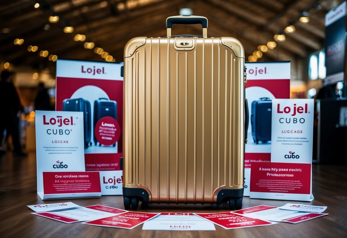 A large Lojel Cubo luggage surrounded by promotional materials