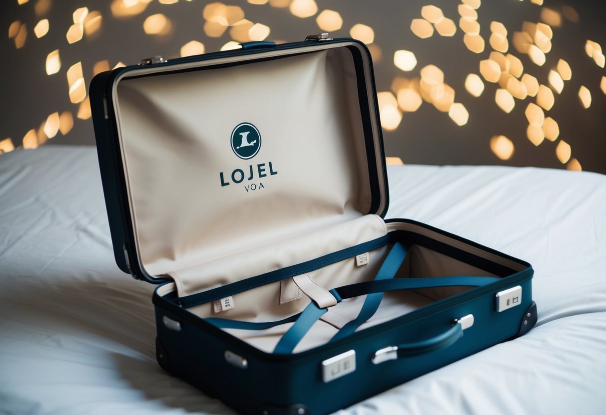 A medium-sized suitcase with the Lojel Voja logo sits open, displaying its spacious interior and sleek design