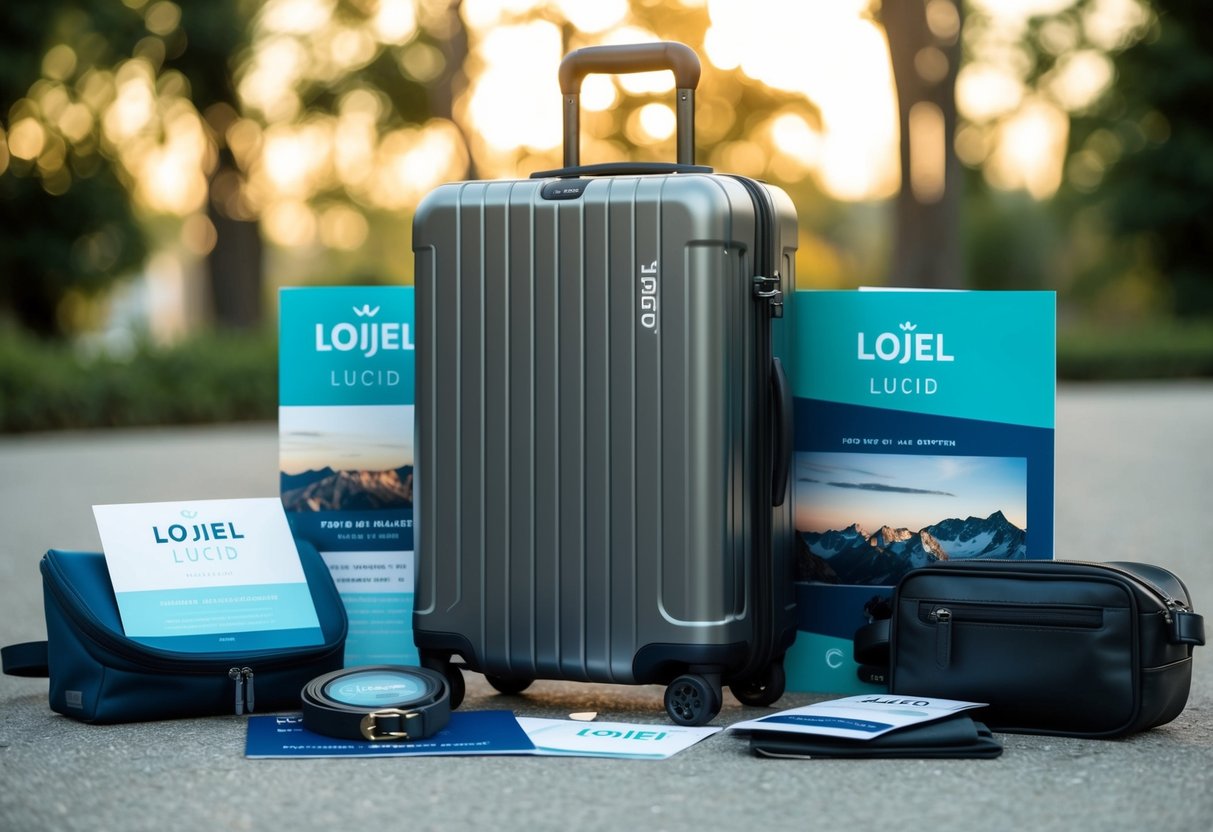 A sleek Lojel Lucid Carry-On surrounded by travel accessories and promotional materials