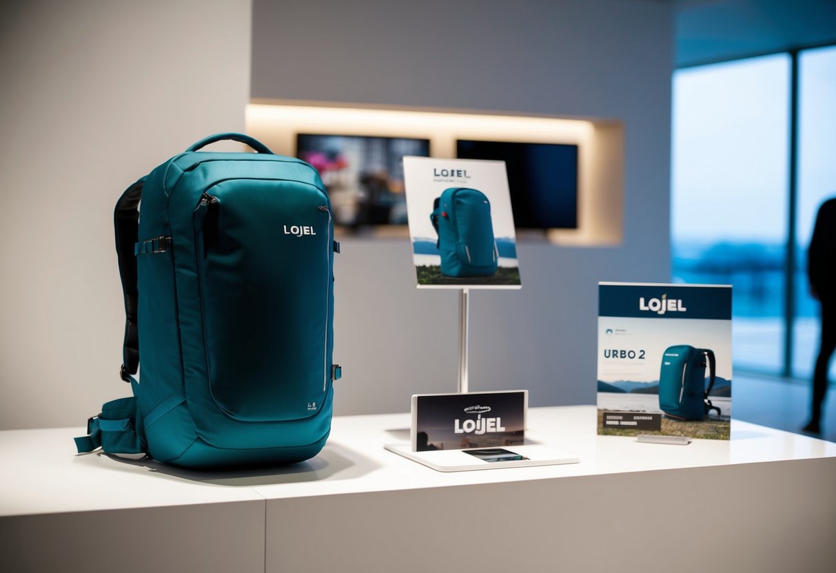 A sleek Lojel Urbo 2 travel backpack sits on a modern, minimalist display with promotional materials nearby