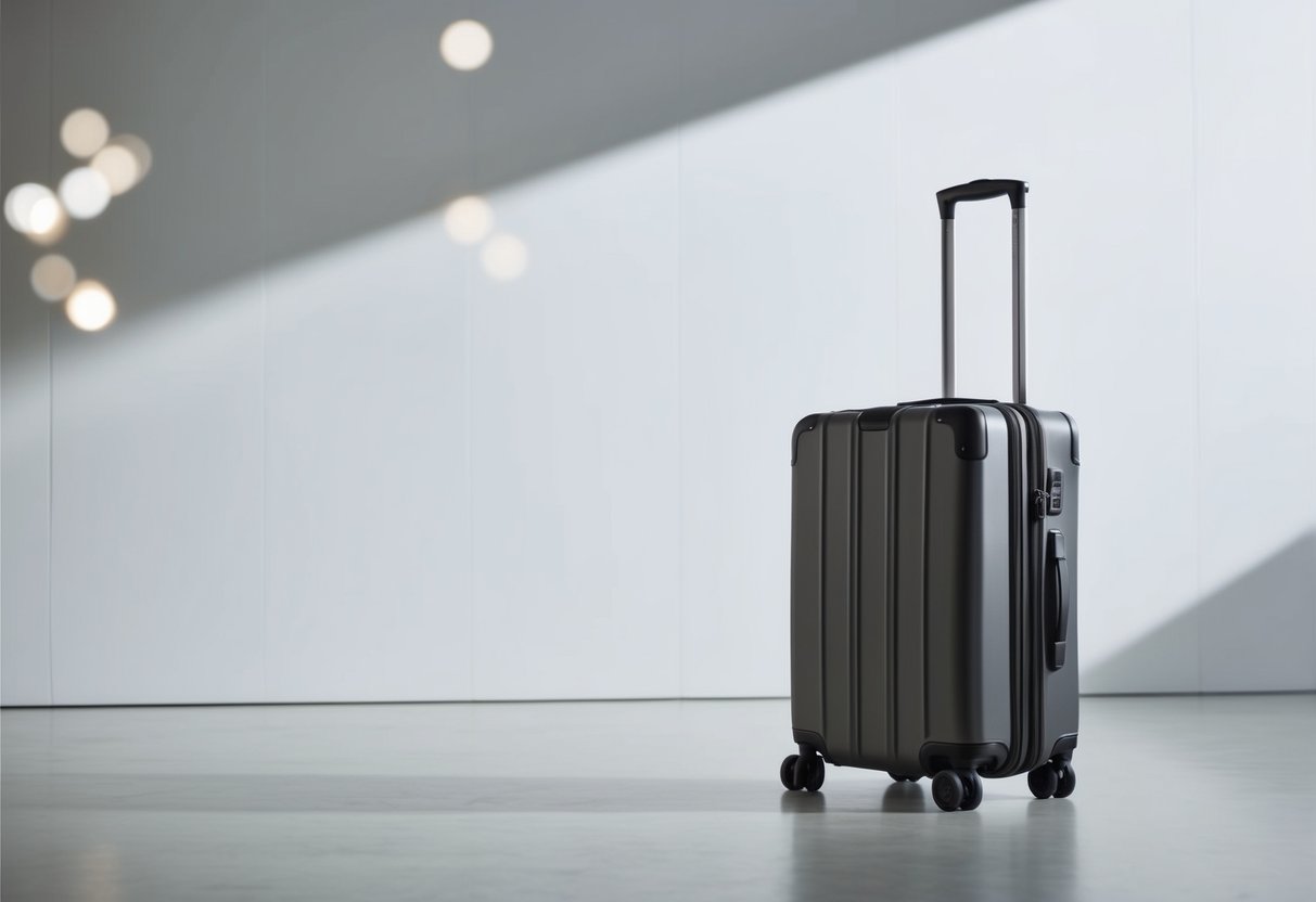 A sleek, modern carry-on suitcase sits against a clean, minimalist backdrop, with soft lighting highlighting its elegant design