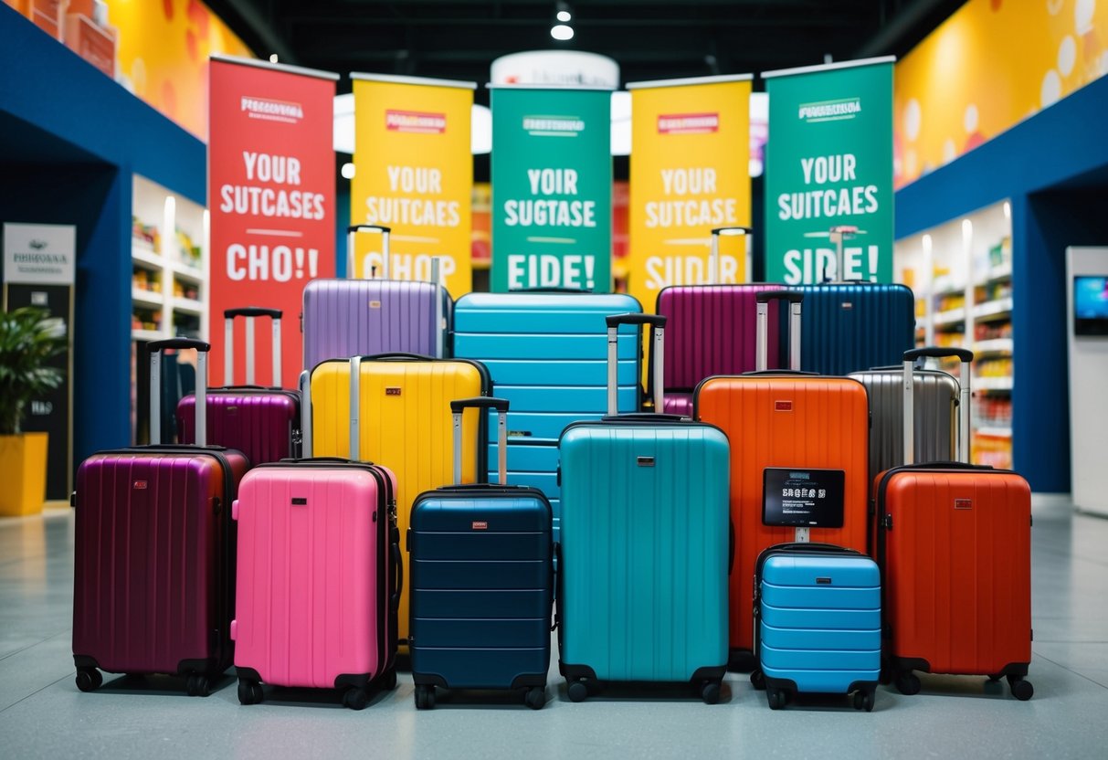 A vibrant display of colorful suitcases with promotional banners and signs