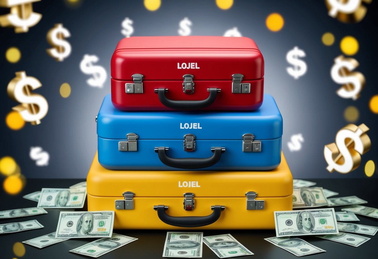 A stack of colorful suitcases with Lojel branding, surrounded by money symbols and discount tags