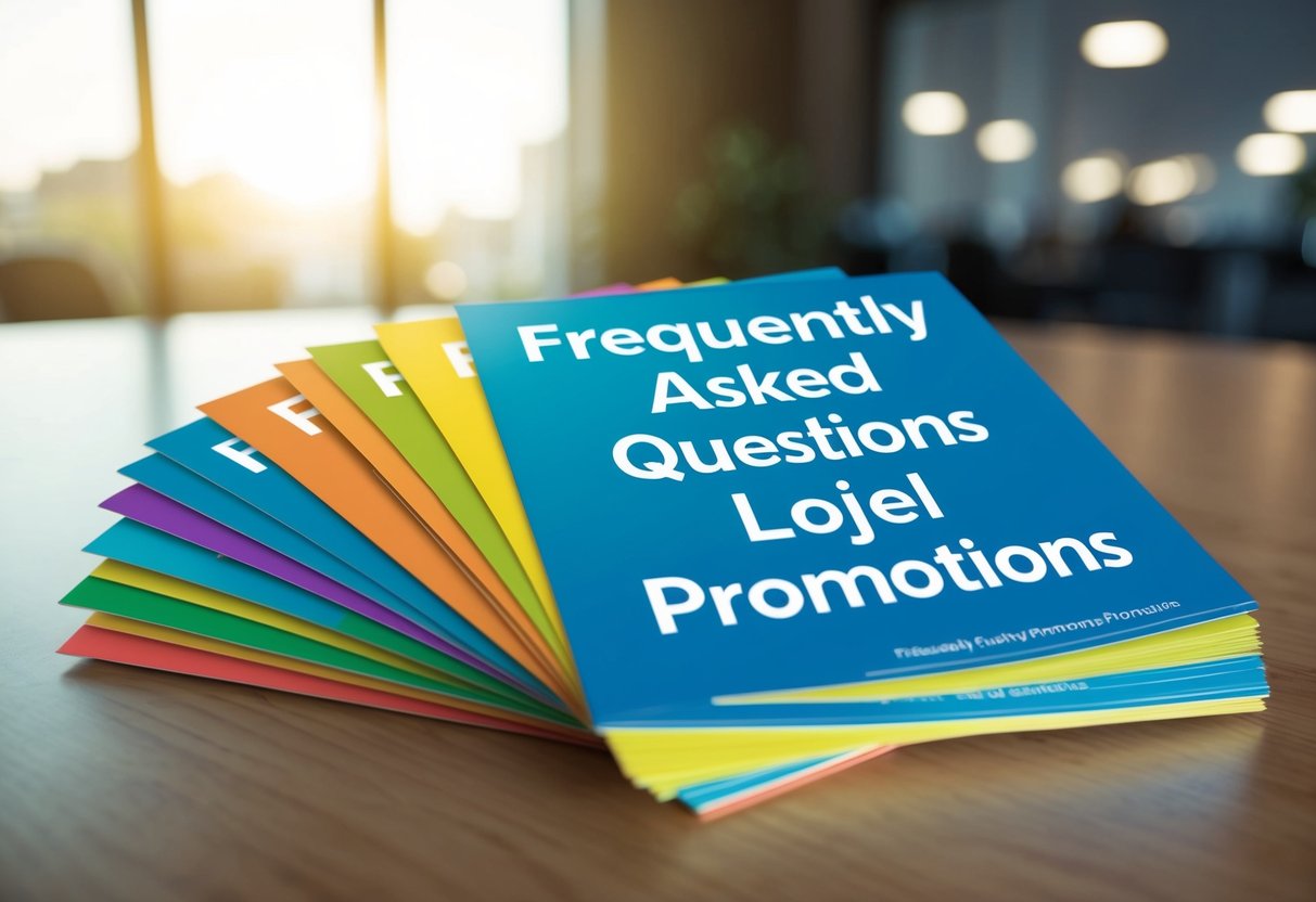 A stack of colorful promotional flyers with the words "Frequently Asked Questions lojel promotions" displayed prominently on a table