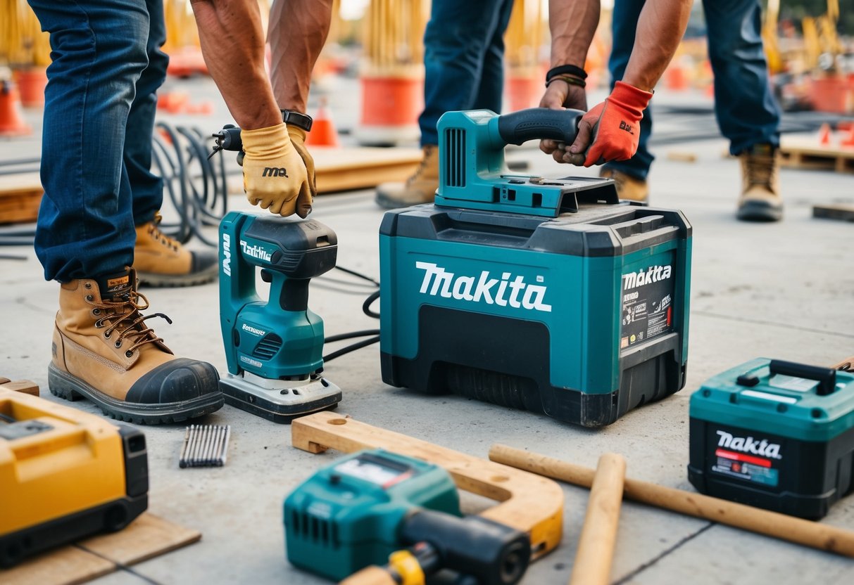 A busy construction site with workers using Makita power tools to complete various tasks