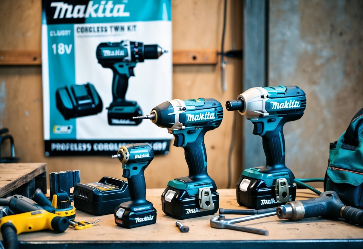 A cluttered workbench with a cordless drill, impact driver, and various tools scattered around. A promotional banner for Makita DLX2180TJ 18V Cordless Twin Kit hangs in the background