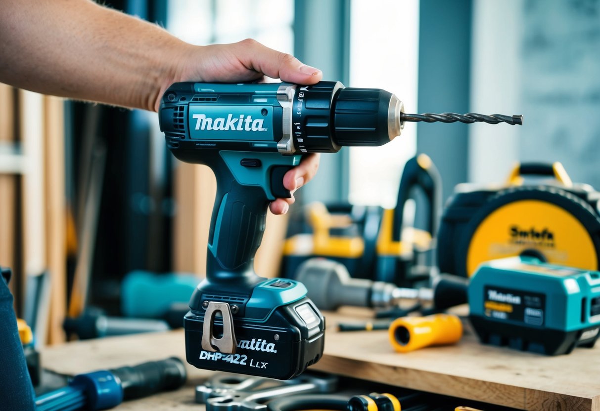 A hand holding a Makita DHP482Z 18V LXT Combi Drill, with various construction tools and materials in the background