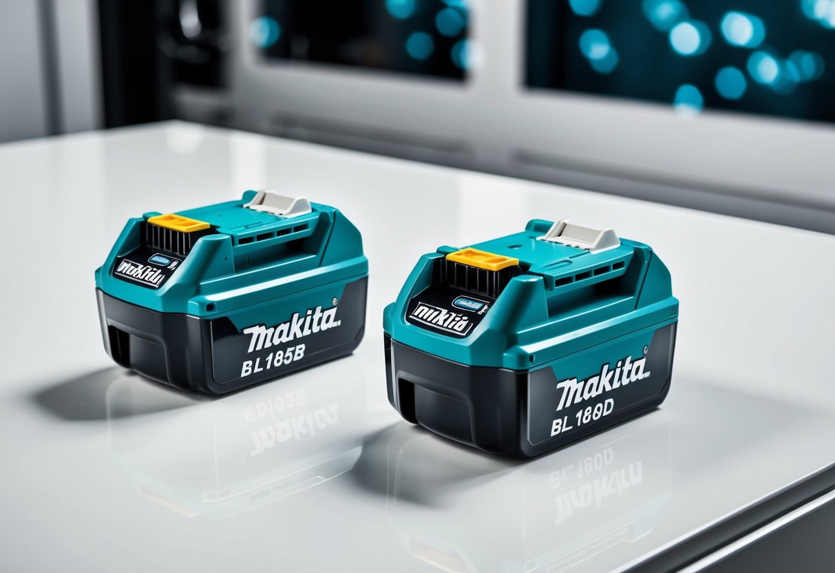 Two Makita BL1850B 18V 5.0Ah batteries displayed on a clean, well-lit surface, with the Makita logo clearly visible