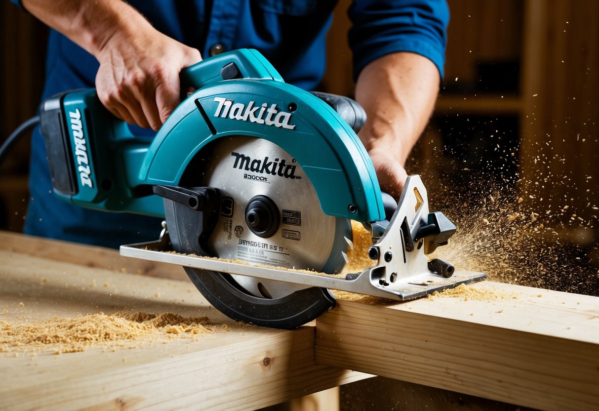 A Makita circular saw cutting through a piece of wood with sawdust flying in the air