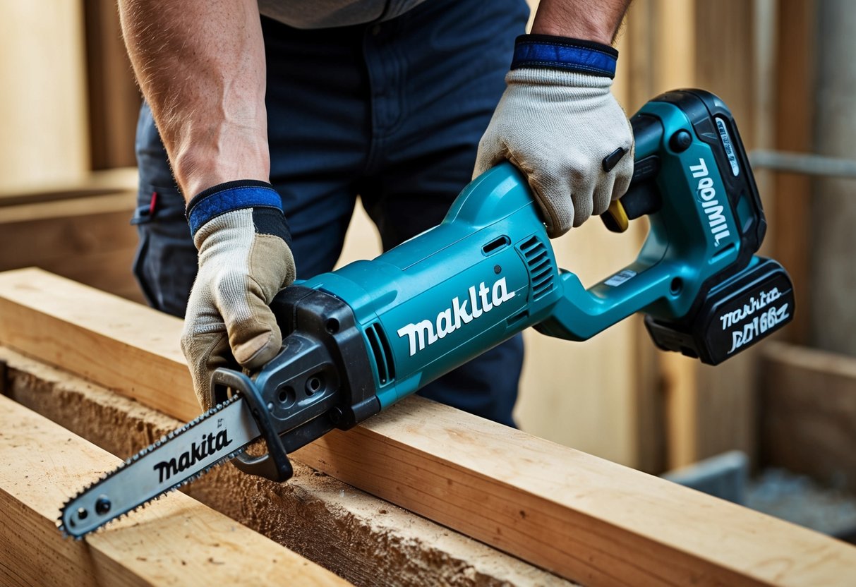 A construction site with a worker using the Makita DJR186Z 18V LXT Reciprocating Saw to cut through wood and metal