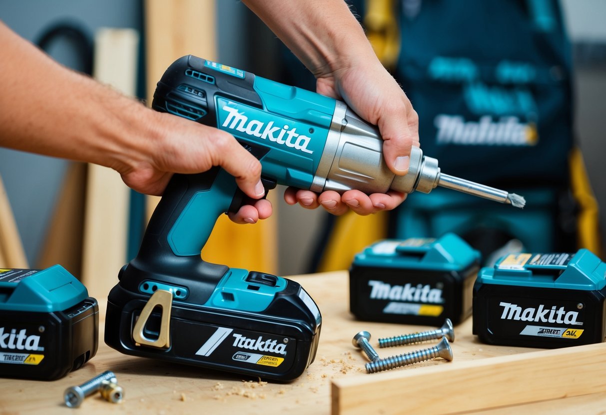An impact driver in use, fastening screws into wood, surrounded by other Makita power tools and promotional materials