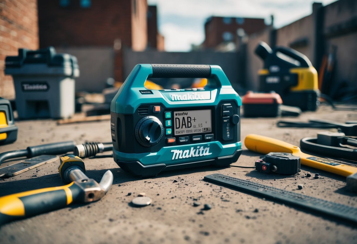 A rugged job site with tools scattered around, the Makita DMR110 DAB+ Job Site Radio prominently displayed with Makita promotions