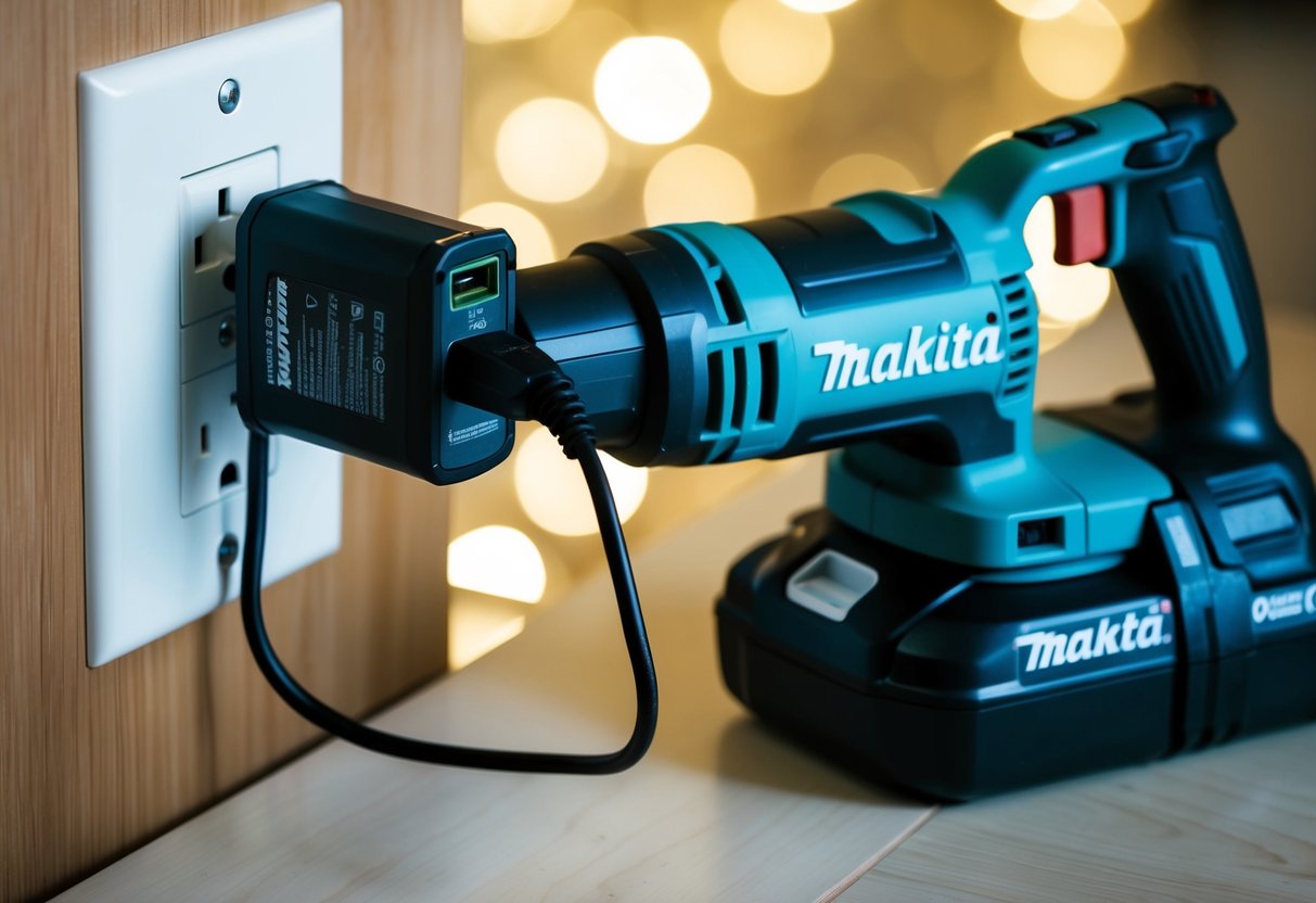 A compact fast charger plugged into a power outlet, with a Makita tool nearby