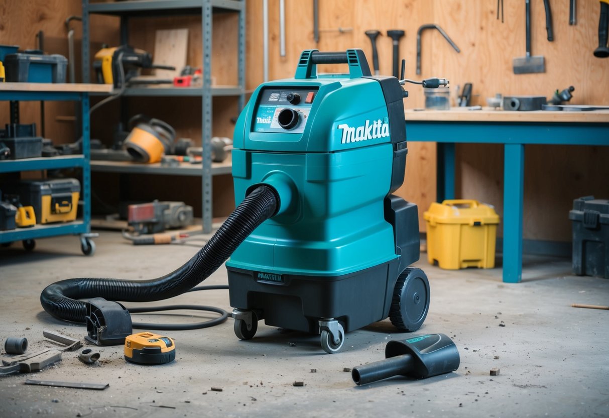 A workshop with a Makita VC2012L Wet/Dry Dust Extractor in use, with tools and debris scattered around