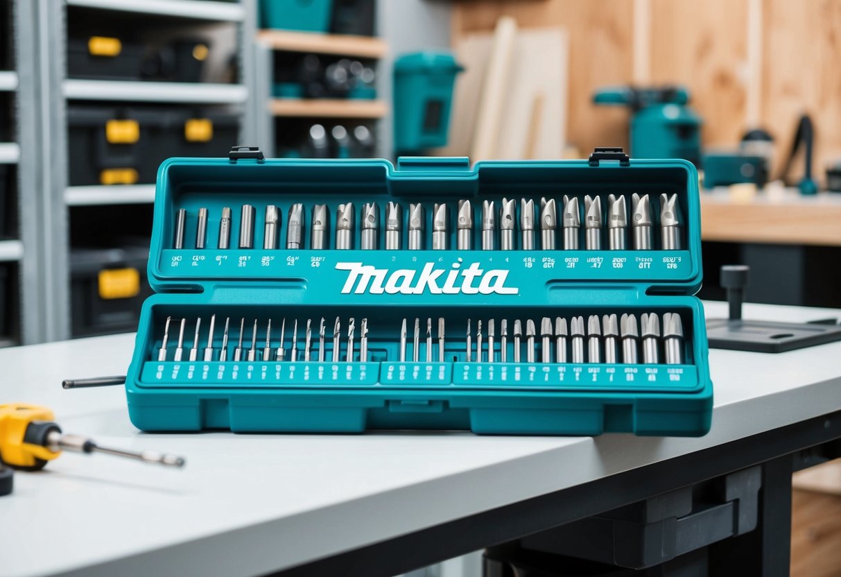 A neatly organized 66-piece Makita bit set displayed on a clean, well-lit workbench