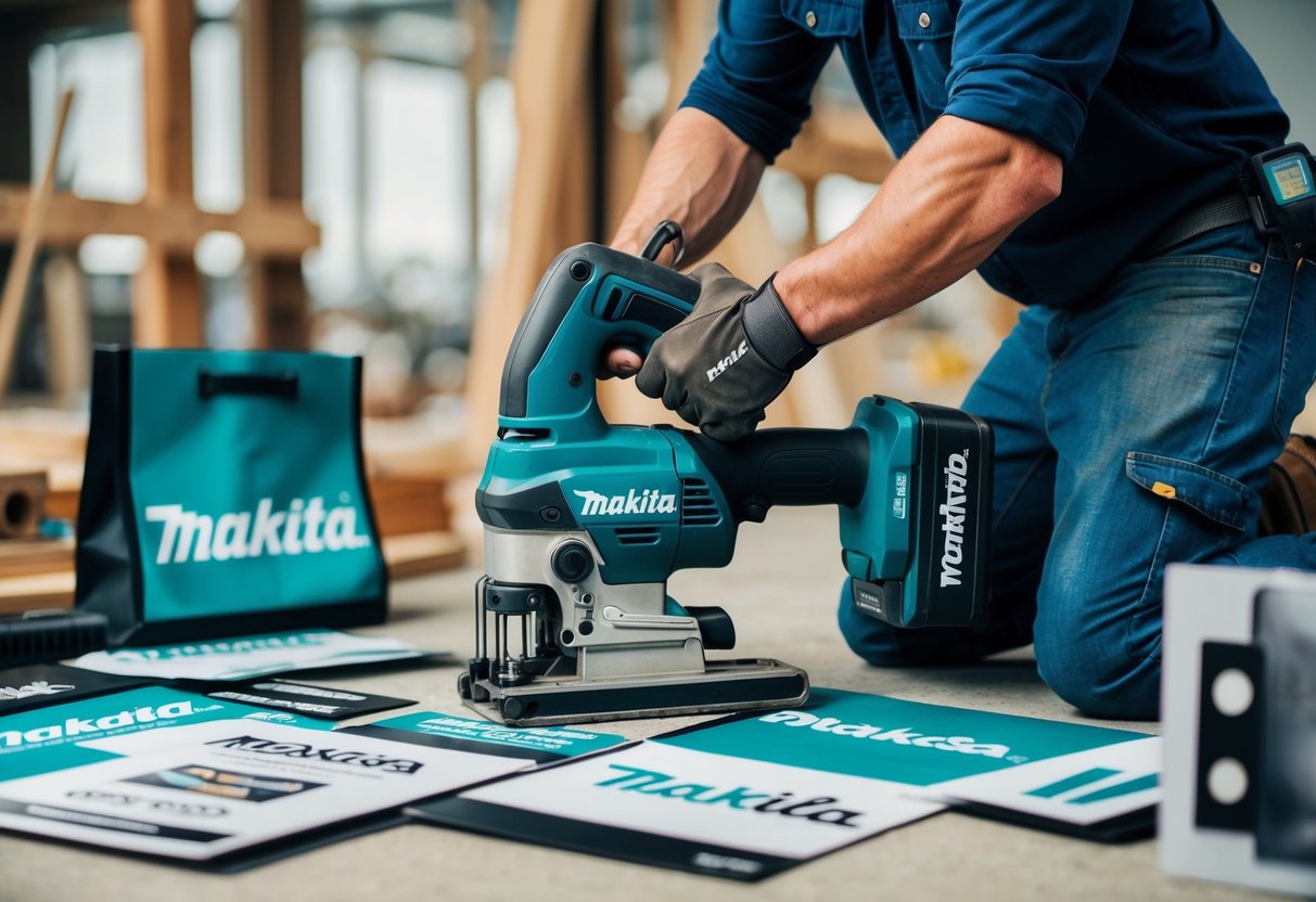 A construction worker using a Makita power tool while surrounded by various promotional materials and logos