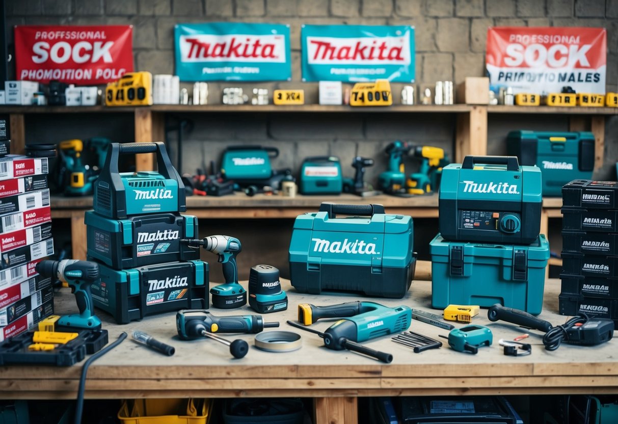A cluttered workbench with various Makita power tools, surrounded by stacks of discounted products and promotional banners