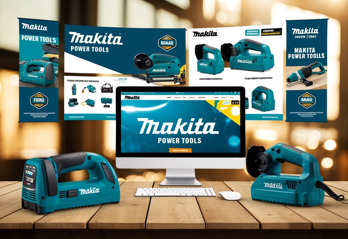 A collection of promotional materials for Makita power tools, including banners, logos, and product images displayed on a website