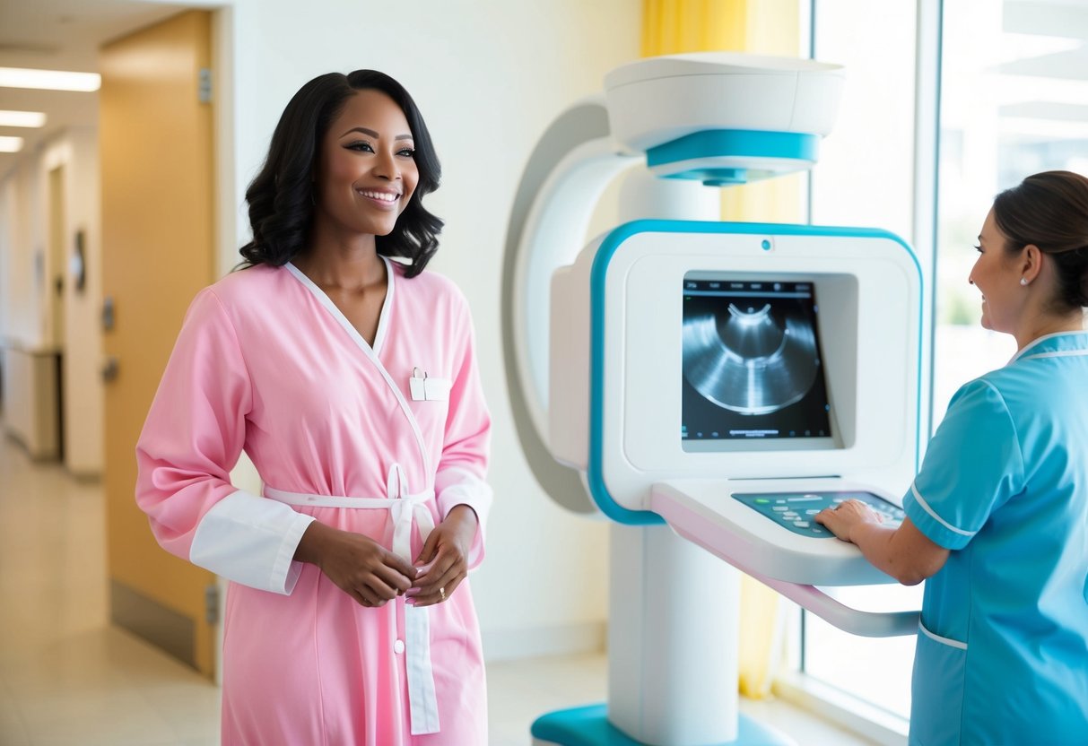 A smiling woman in a pink gown enters a bright, modern clinic. A large mammogram machine stands in the corner, with a nurse ready to assist