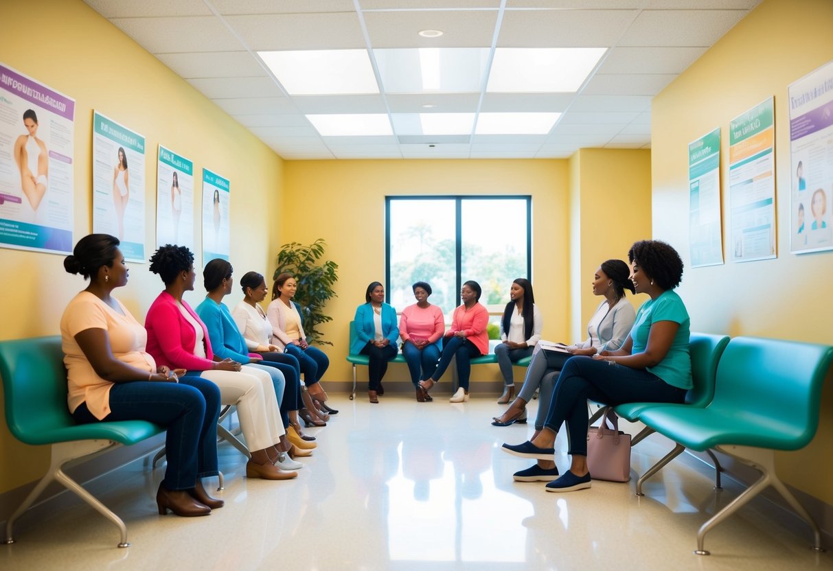A group of women waiting in a bright and welcoming clinic lobby, surrounded by informational posters and brochures about breast health