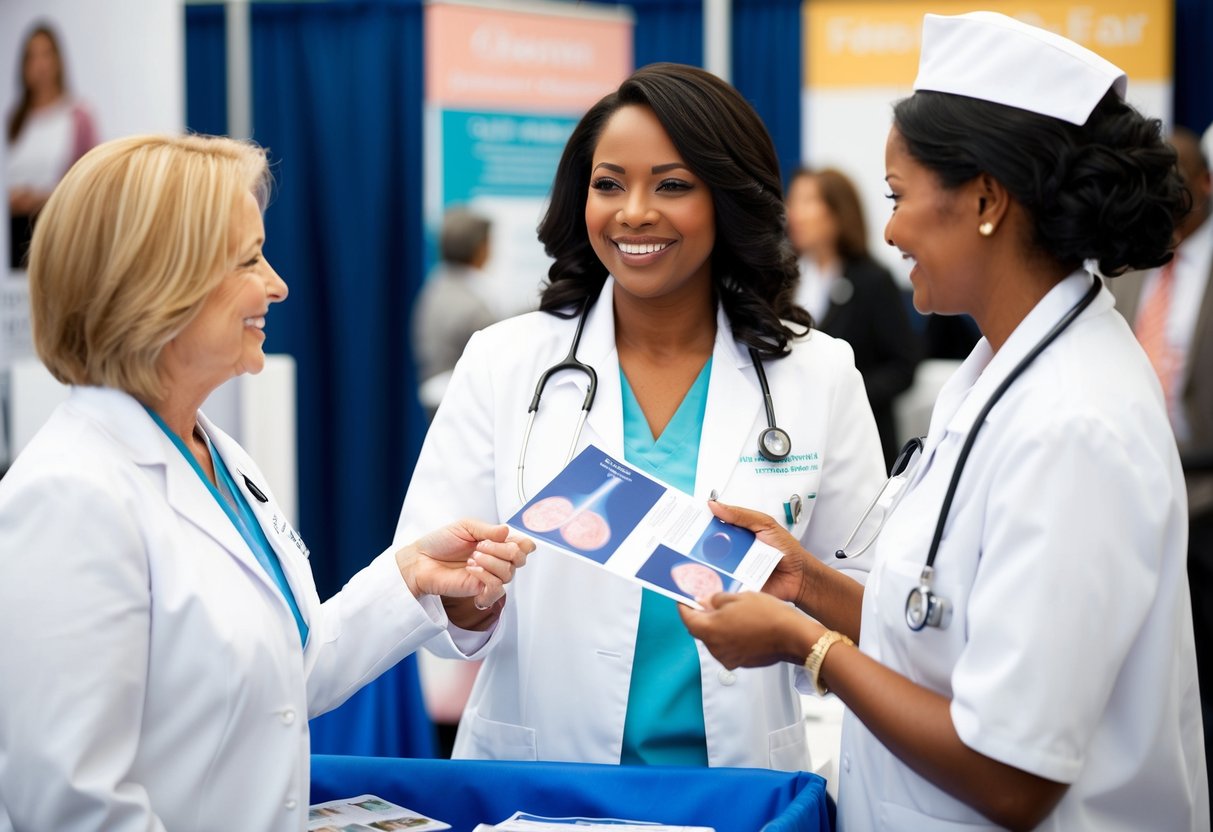 A smiling woman receiving a mammogram brochure from a nurse at a health fair booth
