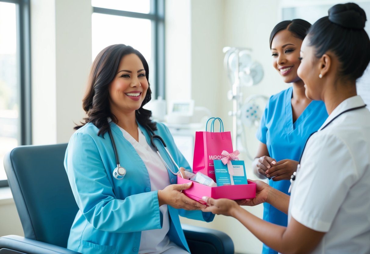 A cheerful woman at a mammogram clinic receives a gift bag filled with promotional items, while a nurse explains the benefits of scheduling regular screenings